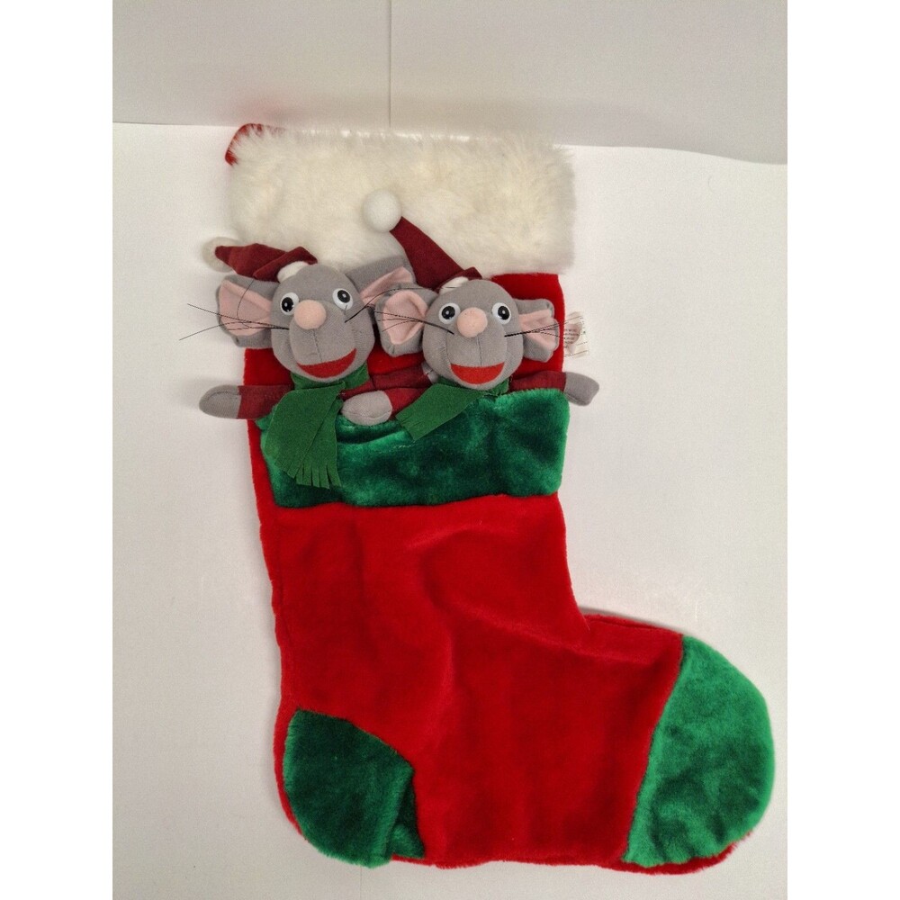 Musical Mice Christmas Stocking 3D Mice Santa Hats Red & Green Vintage